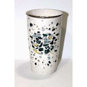 Starbucks 2014 Metallic Green Gold Flecks Ceramic Travel Mug Tumbler Cup 12oz